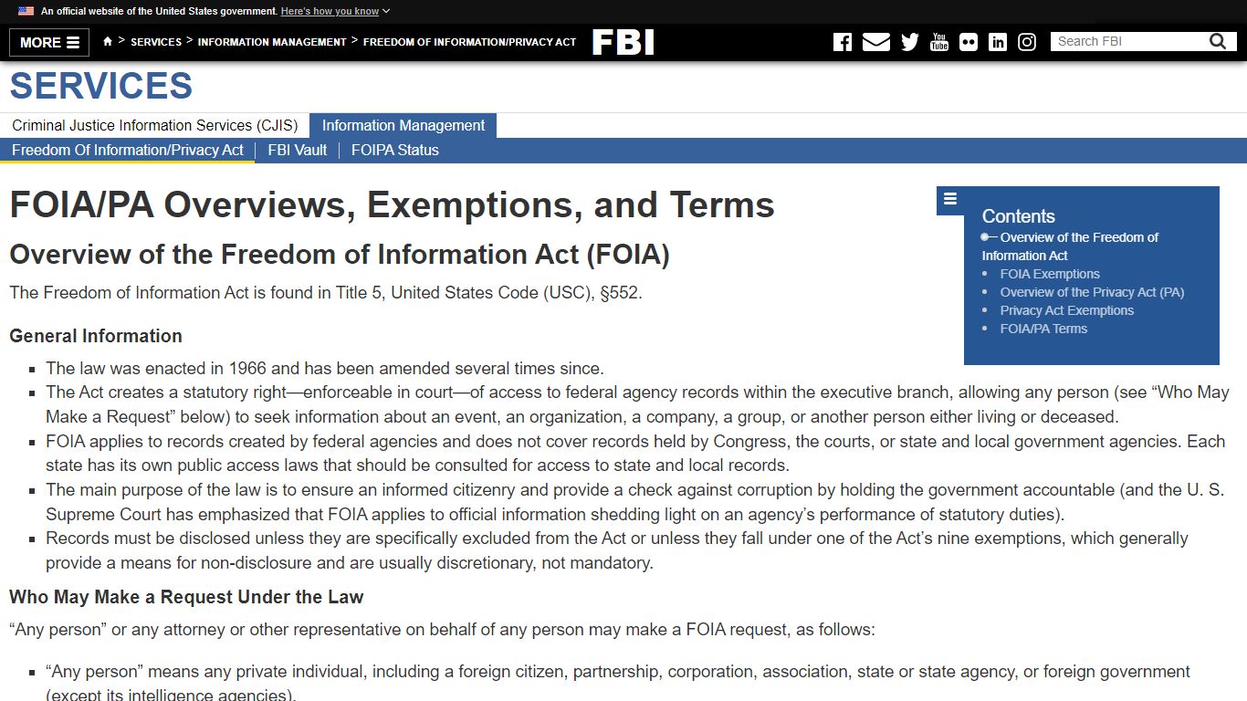 FOIA/PA Overviews, Exemptions, and Terms — FBI