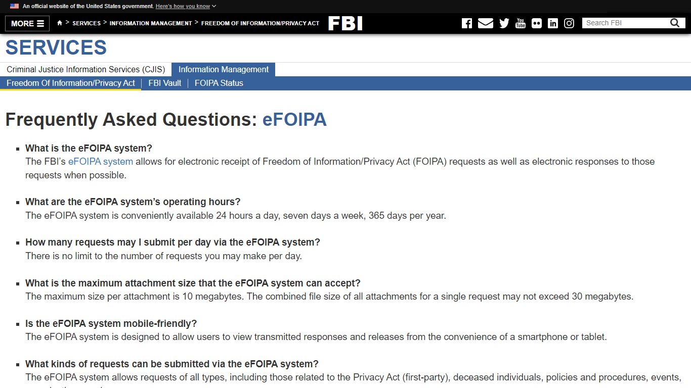 Frequently Asked Questions: eFOIPA — FBI